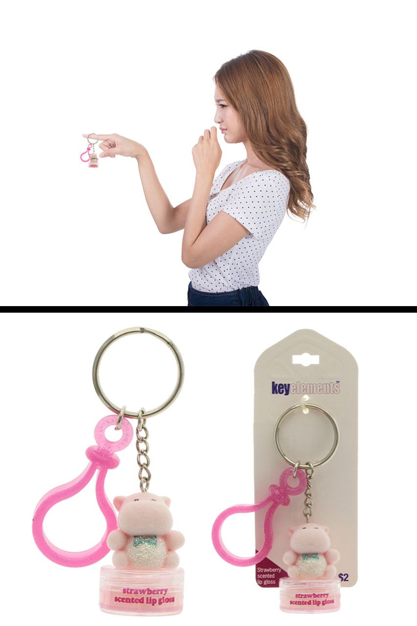 Pink Hippo Strawberry Lip Gloss With Plastic clip Key Chain KEKC5135 -  Wholesale Jewelry & Accessories